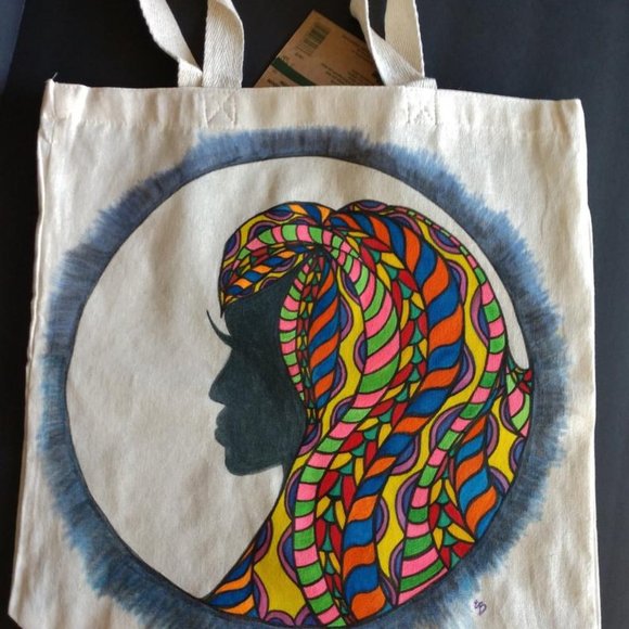 Handmade Painted Tote Bag with Lady with Rainbow Hair Silhouette Art Artisan - Picture 2 of 16